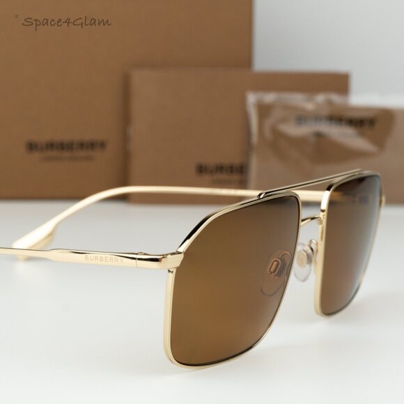 Burberry Women Sunglasses Gold Brown Polarized Rectangular BE3130 110983 NEW - Picture 1 of 10